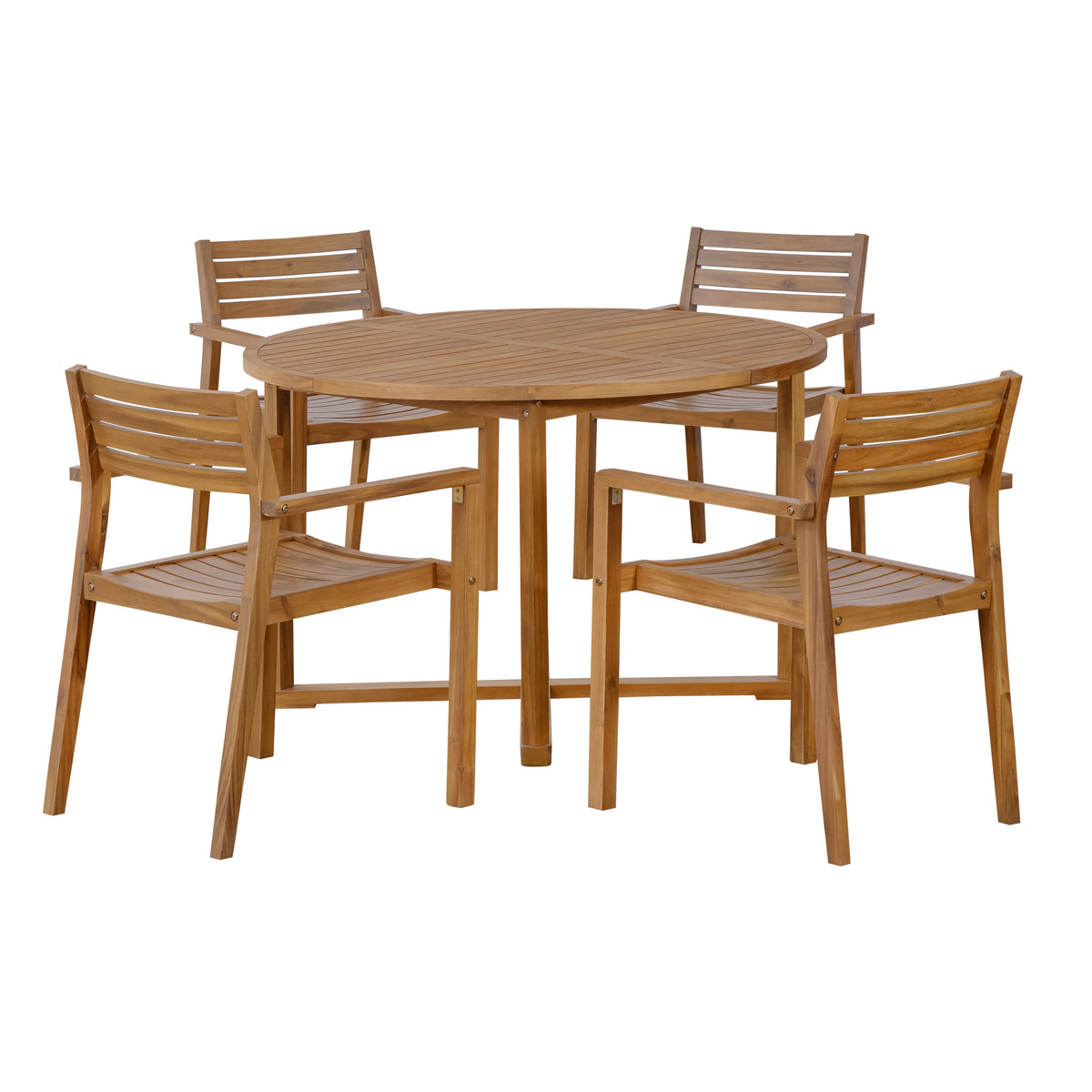variant-group:rf-n711wy000475aao|Roomfitters 5-Piece Outdoor Dining Set for 4, 47.2-Inch Round Acacia Wood Table, Natural Brown Slatted Patio Group