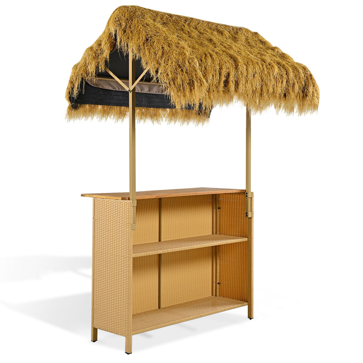 Roomfitters Bar Height Patio Set with PE Grass Canopy, Outdoor Bar Table and Stools, Hawaiian-style Acacia Wood Top, Natural Roomfitters