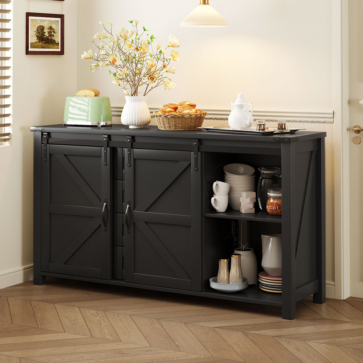variant-group:rf-n711p347377b|Roomfitters 55.1" Storage Cabinet with 4 Drawers and Sliding Barn Doors, Farmhouse Sideboard Buffet for Kitchen & Dining, Black
