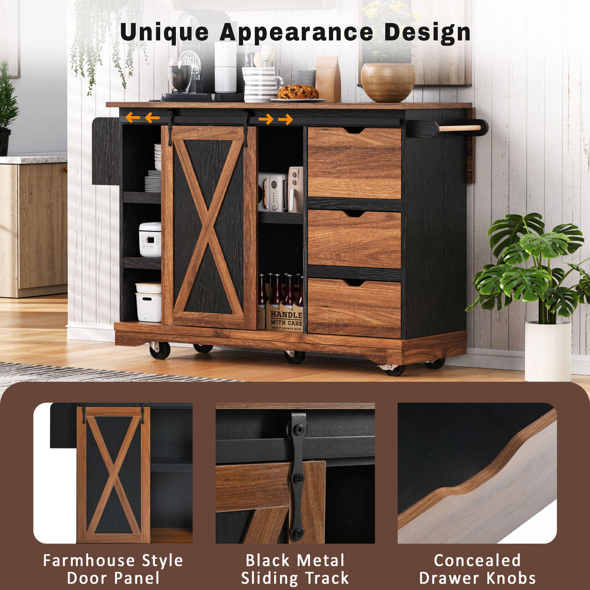 variant-group:rf-n707p288229b|Roomfitters 55.5" Rolling Kitchen Island with Drop Leaf, Mobile Kitchen Storage Cart with Sliding Barn Door, Power Outlets, Black