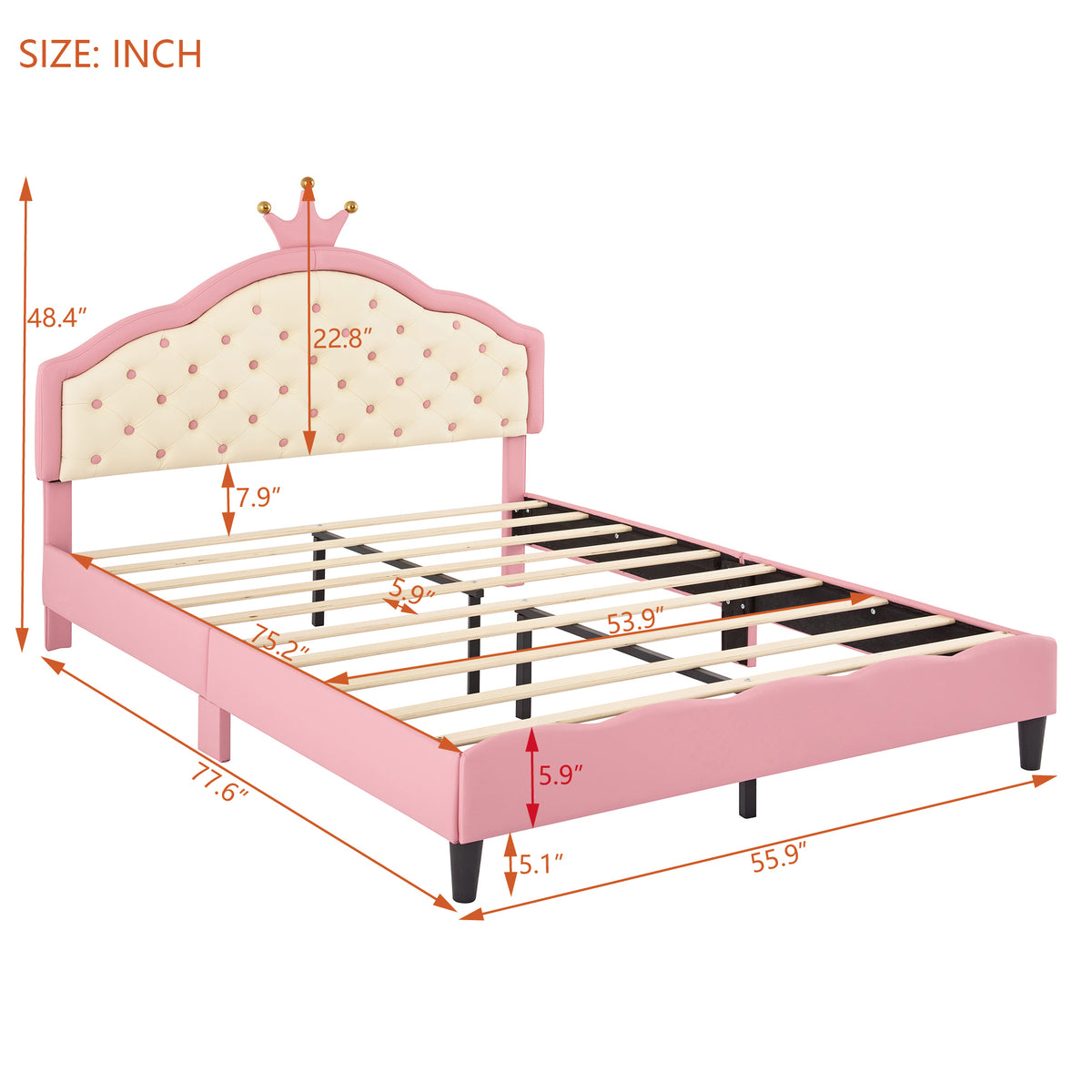 variant-group:rf-n733p198762h|Roomfitters Full Size Upholstered Princess Bed with Crown Design, Elegant PU Leather Platform Bed with Tufted Headboard for a Stylish Bedroom, Pink + Cream