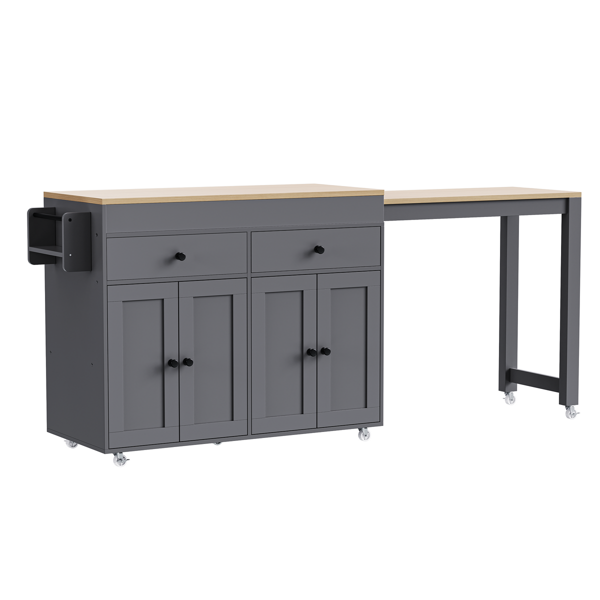 variant-group:rf-n707p333291g|Roomfitters 74.8" Rolling Kitchen Island with Extendable Dining Table, Mobile Cart with 4 Doors, 2 Drawers & Spice Rack, Grey