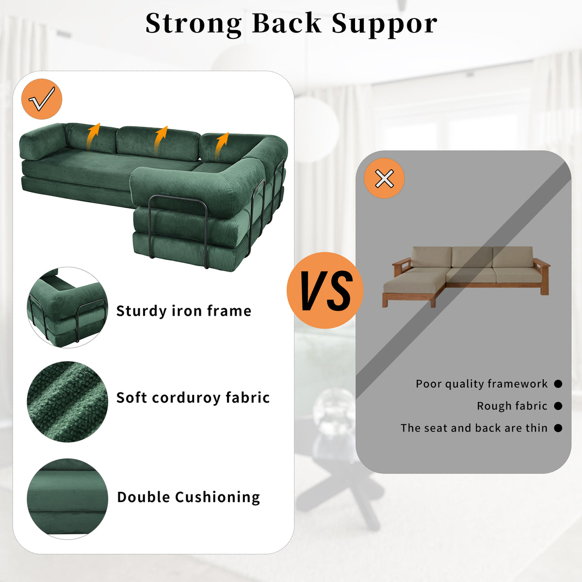 variant-group:rf-n711wy000463aac|Roomfitters Modern L-Shaped Modular Sofa Bed, Corduroy Convertible Sleeper Sectional Couch with Industrial Metal Frame, Green