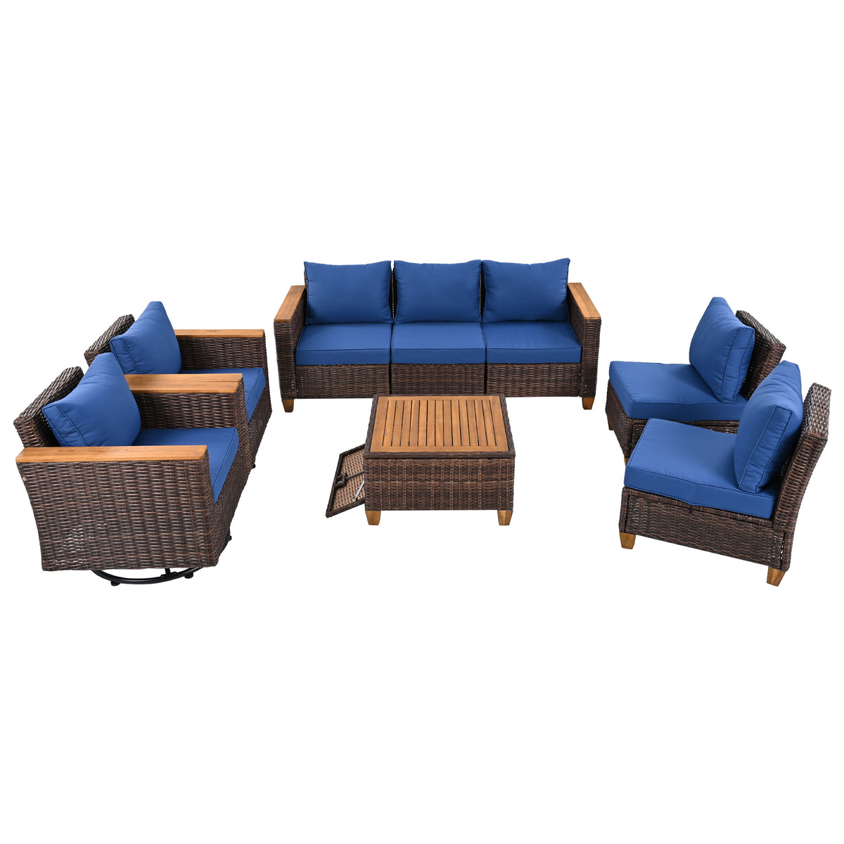 variant-group:rf-n707s005016e|Roomfitters 8-Piece Patio Furniture Set with 360 Swivel Rocker Chairs, Modular Outdoor Sectional Sofa & Table, Blue+Brown