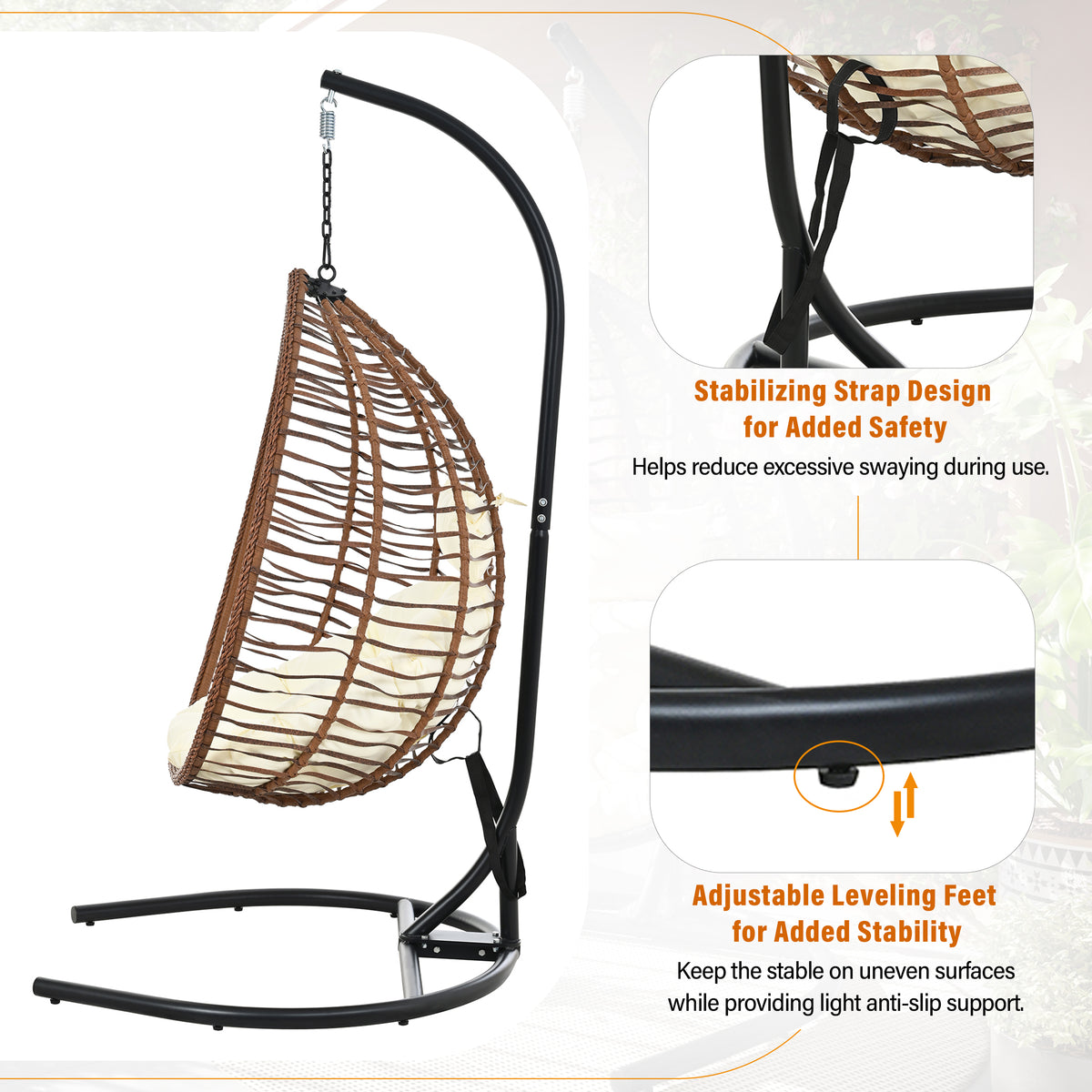 variant-group:rf-n711p389502k|Roomfitters Indoor Outdoor Hanging Egg Hammock Chair with Stand, Wicker Rattan Swing for Patio and Bedroom, Brown+Beige