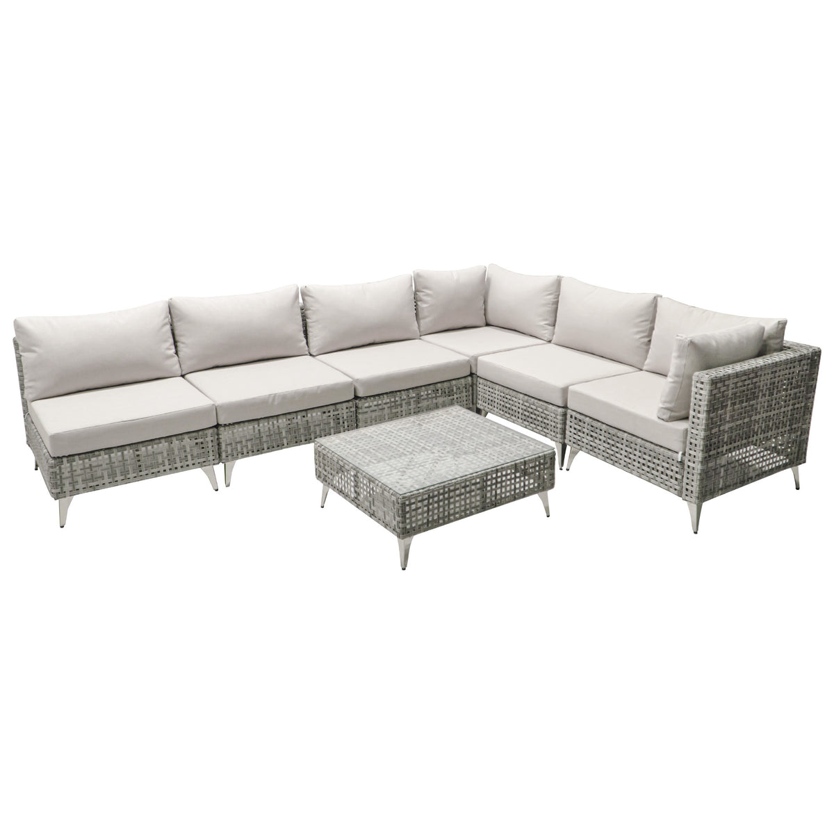 variant-group:rf-n707s000011g|Roomfitters 7-Piece Wicker Patio Furniture Set, Outdoor Sectional Sofa with Water-Resistant Cushions, Table, Grey