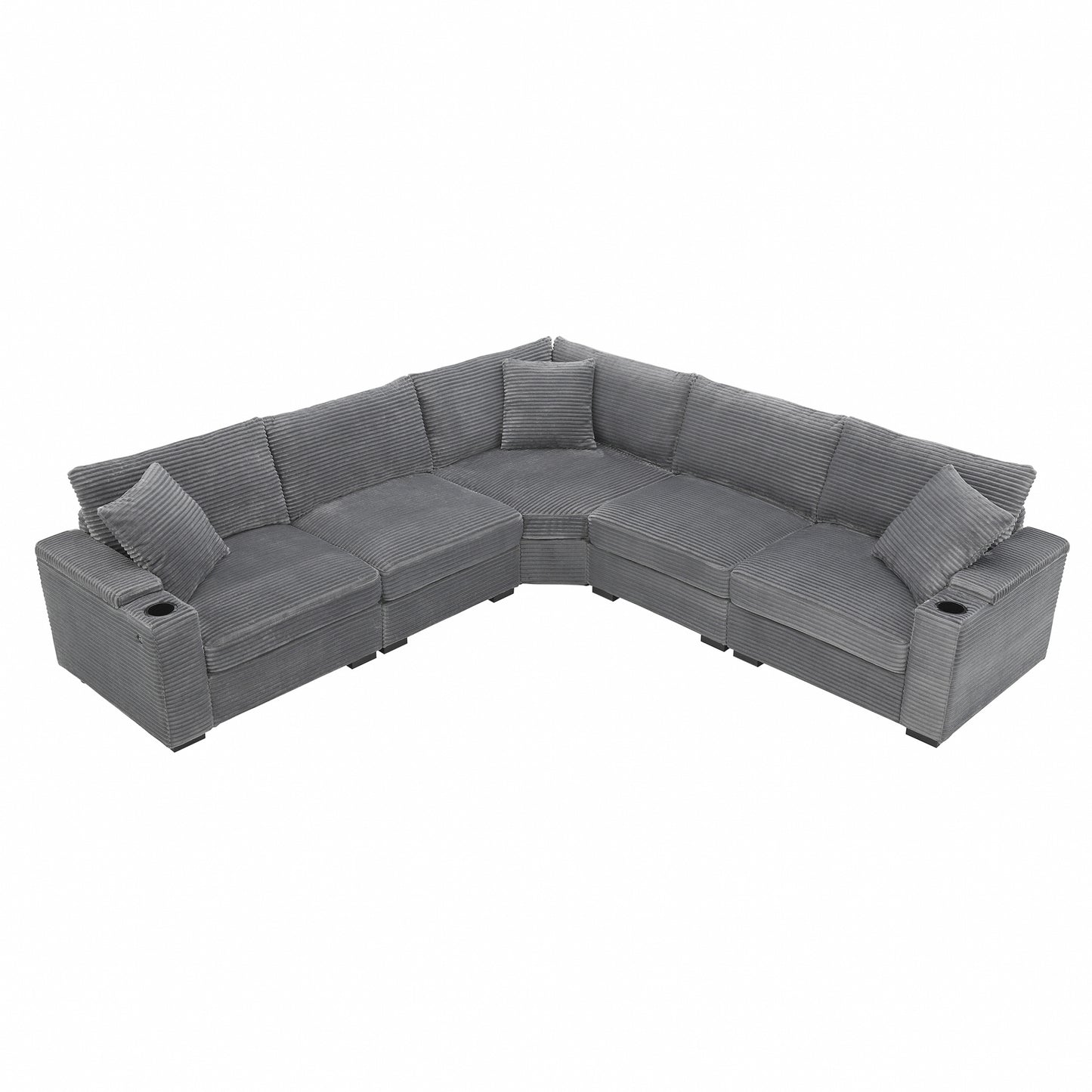variant-group:rf-n723s1187e|Roomfitters 104 Inch Modern L-Shaped Sectional Sofa with Cup Holders, Comfortable Corduroy Upholstered Corner Couch, Gray
