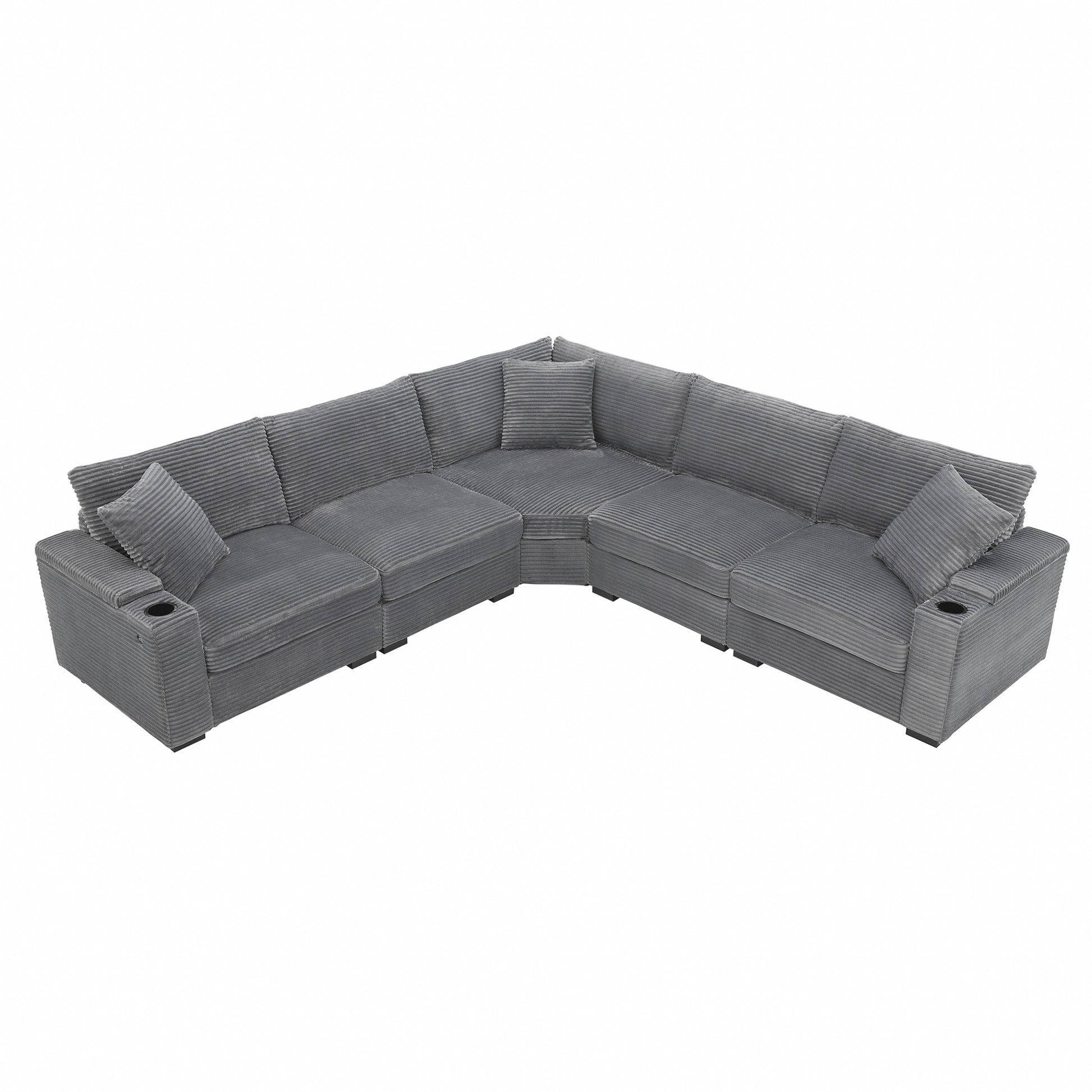 variant-group:rf-n723s1187e|Roomfitters 104 Inch Modern L-Shaped Sectional Sofa with Cup Holders, Comfortable Corduroy Upholstered Corner Couch, Gray