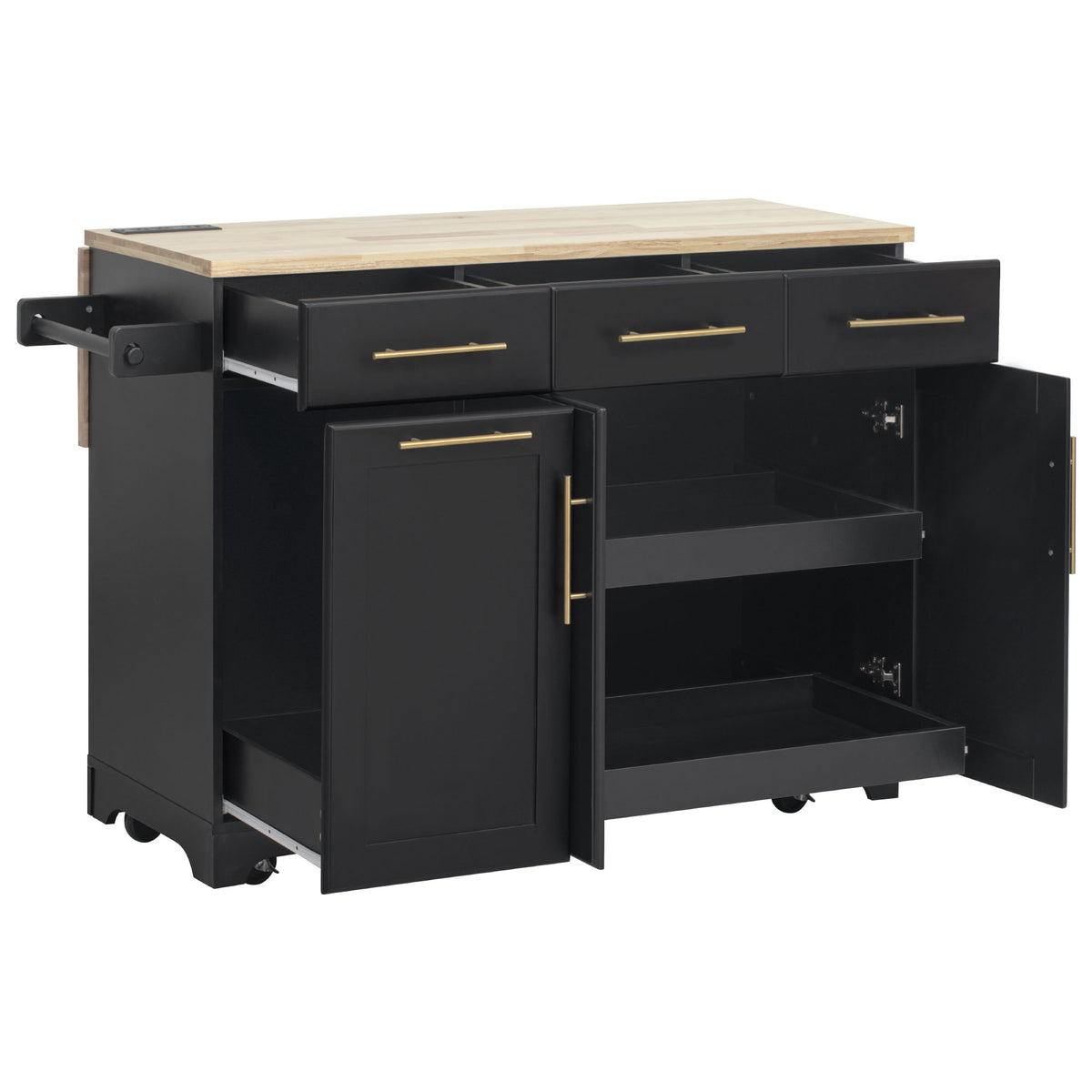 variant-group:rf-n707s299014b|Roomfitters 59.3" Kitchen Island with Power Outlet, Drop Leaf and Double Trash Can Pull Out, Rolling Cart, Black