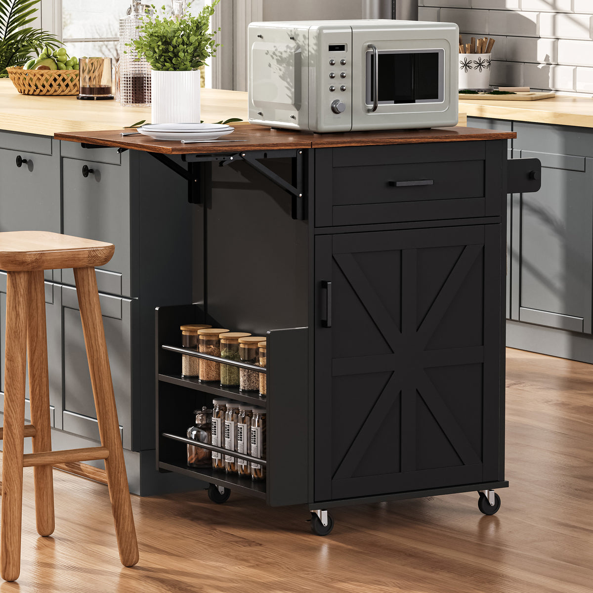 variant-group:rf-n707p404539b|Roomfitters 39.3" Kitchen Island with Drop Leaf, Rolling Kitchen Cart with Storage Drawer and Spice Rack, Modern Style, Black