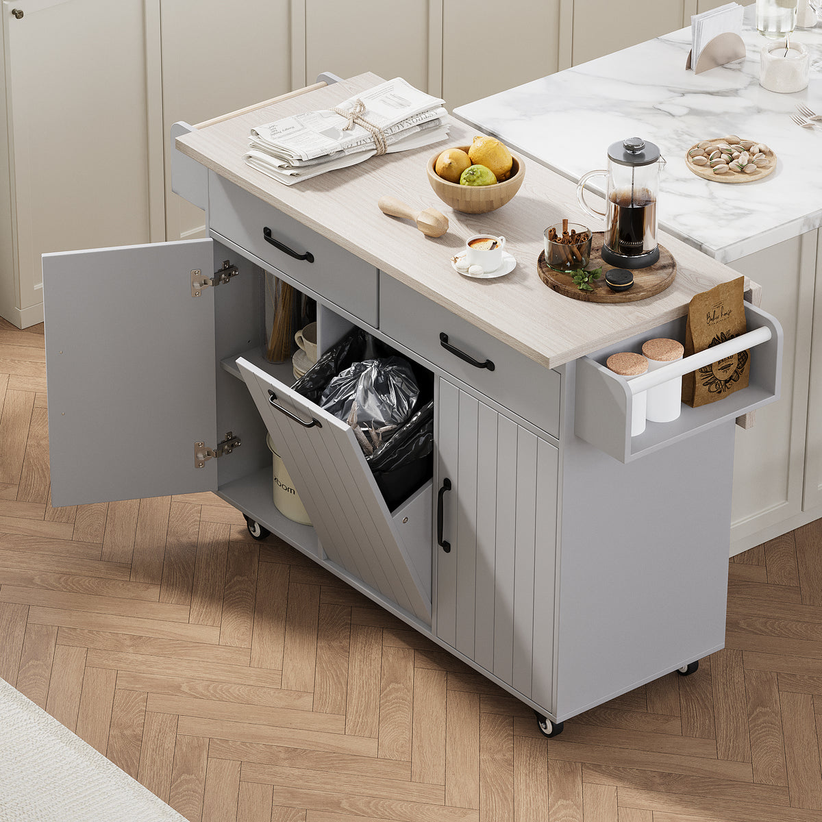 variant-group:rf-n707wf326381aag|Roomfitters Kitchen Island with Trash Can Storage Cabinet, Grey - Drop Leaf, Spice Rack, Towel Rack, Drawer, Adjustable Shelf, Rolling Island on Wheels, Grey