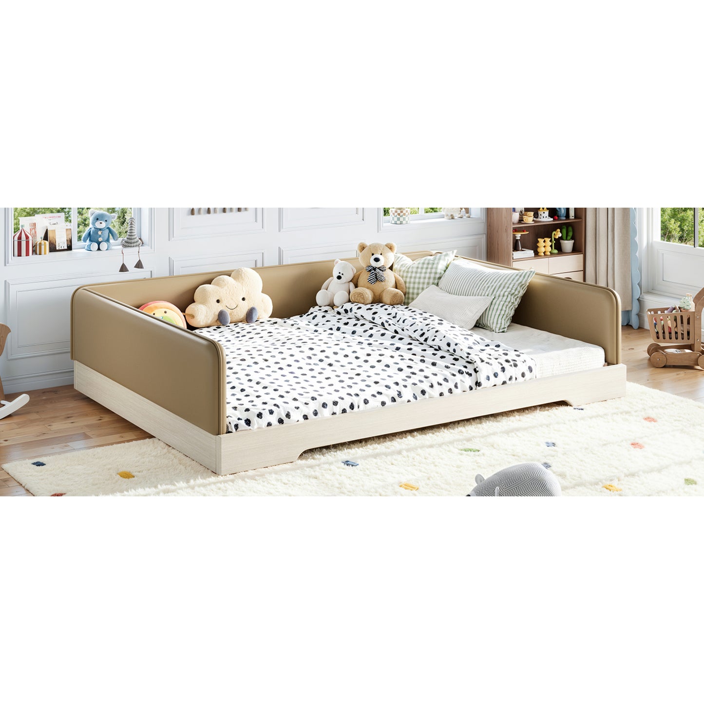 variant-group:rf-w1580s00672|Roomfitters Queen Size Upholstered Floor Bed Frame with Removable Guardrails, Faux Leather Low Profile Platform, Brown