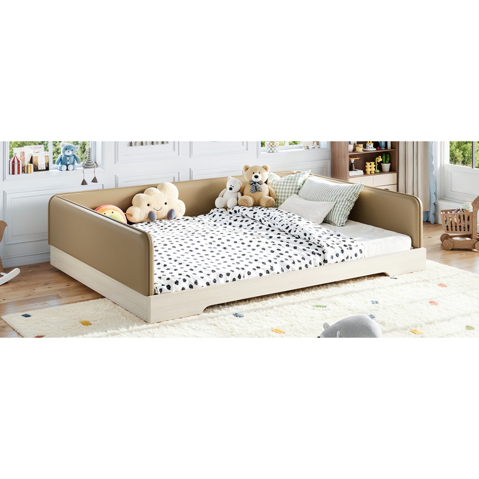 variant-group:rf-w1580s00672|Roomfitters Queen Size Upholstered Floor Bed Frame with Removable Guardrails, Faux Leather Low Profile Platform, Brown