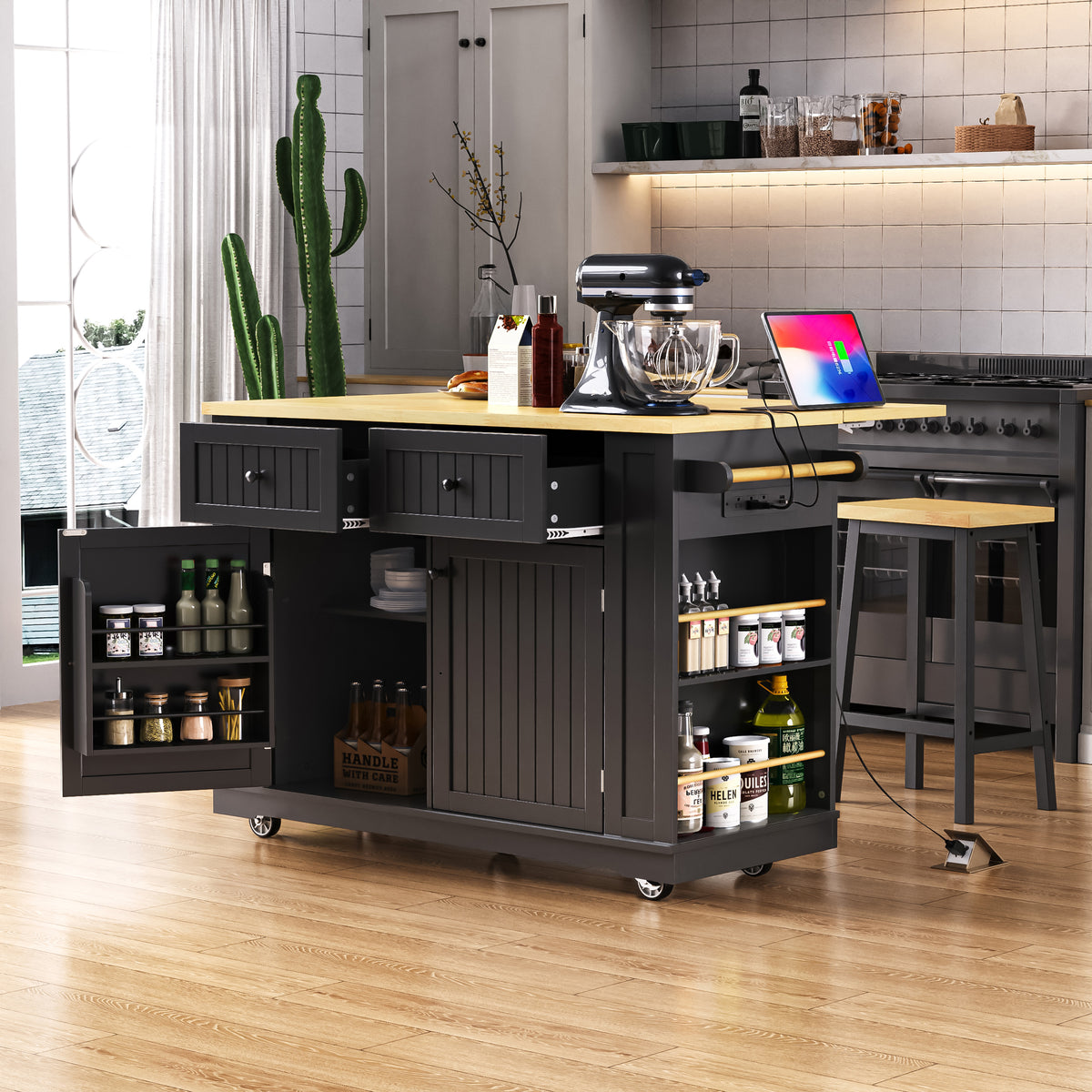 variant-group:rf-n707s257057b|Roomfitters 48" Kitchen Island with Power Outlet and Drop Leaf, Rolling Storage Cabinet with Wood Top and Spice Rack, Black