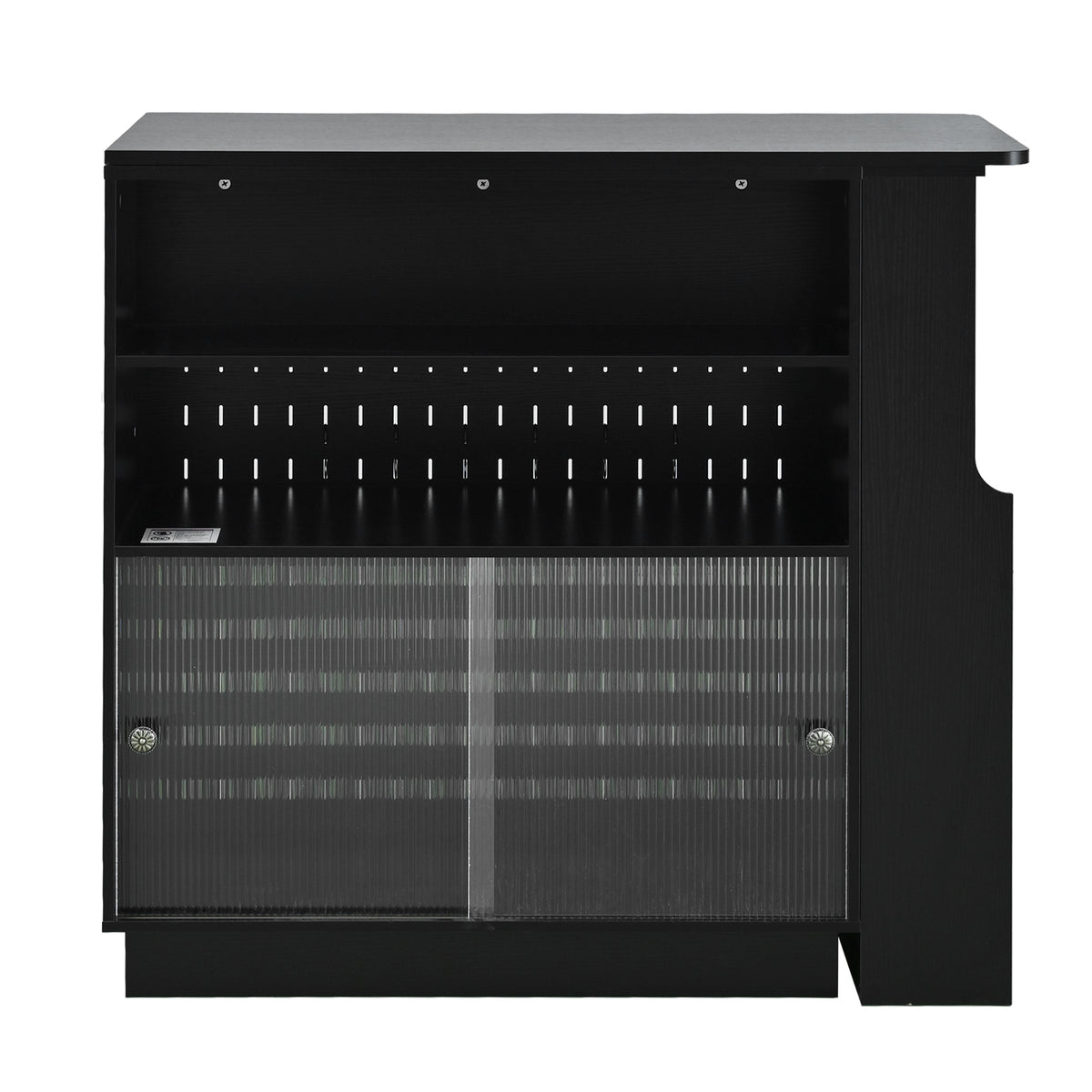 variant-group:rf-n711p437809b|Roomfitters Black MDF Counter Height Kitchen Island Sideboard Cabinet, Extendable Table, Acrylic Sliding Doors