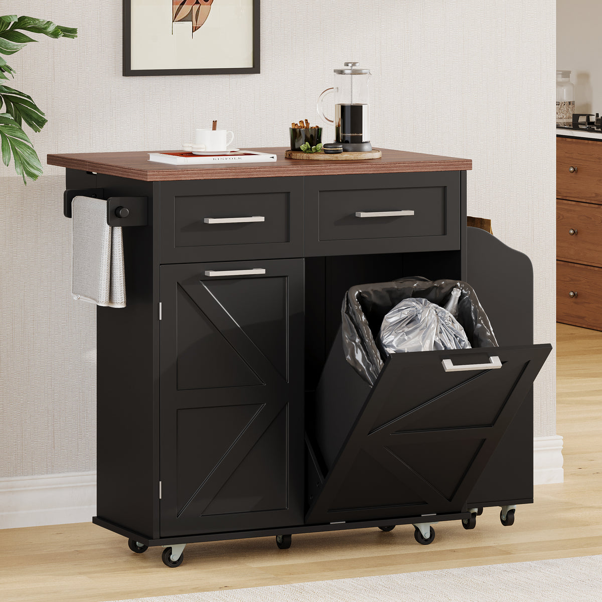 variant-group:rf-n707p307296b|Roomfitters 47.2" Farmhouse Kitchen Island with Drop Leaf, Tilt Trash Can Cabinet, Removable Mobile Side Racks, Black