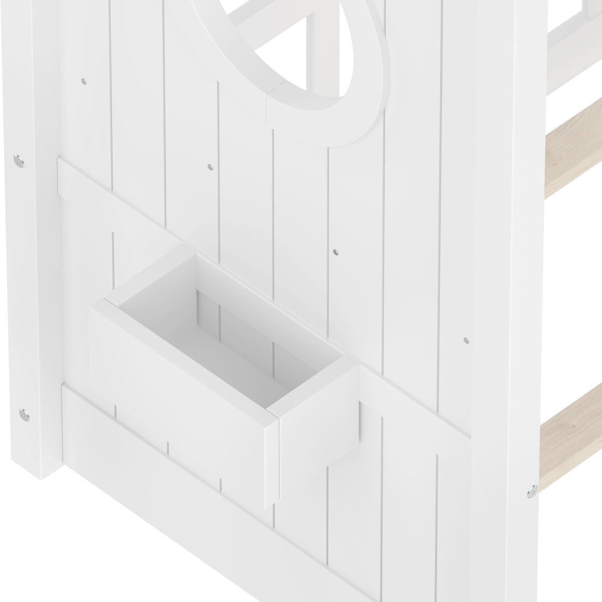 variant-group:rf-n733p335064k|Roomfitters Twin Size Floor House Bed with Storage Shelf and Roof Design, Montessori Playhouse Bed, White
