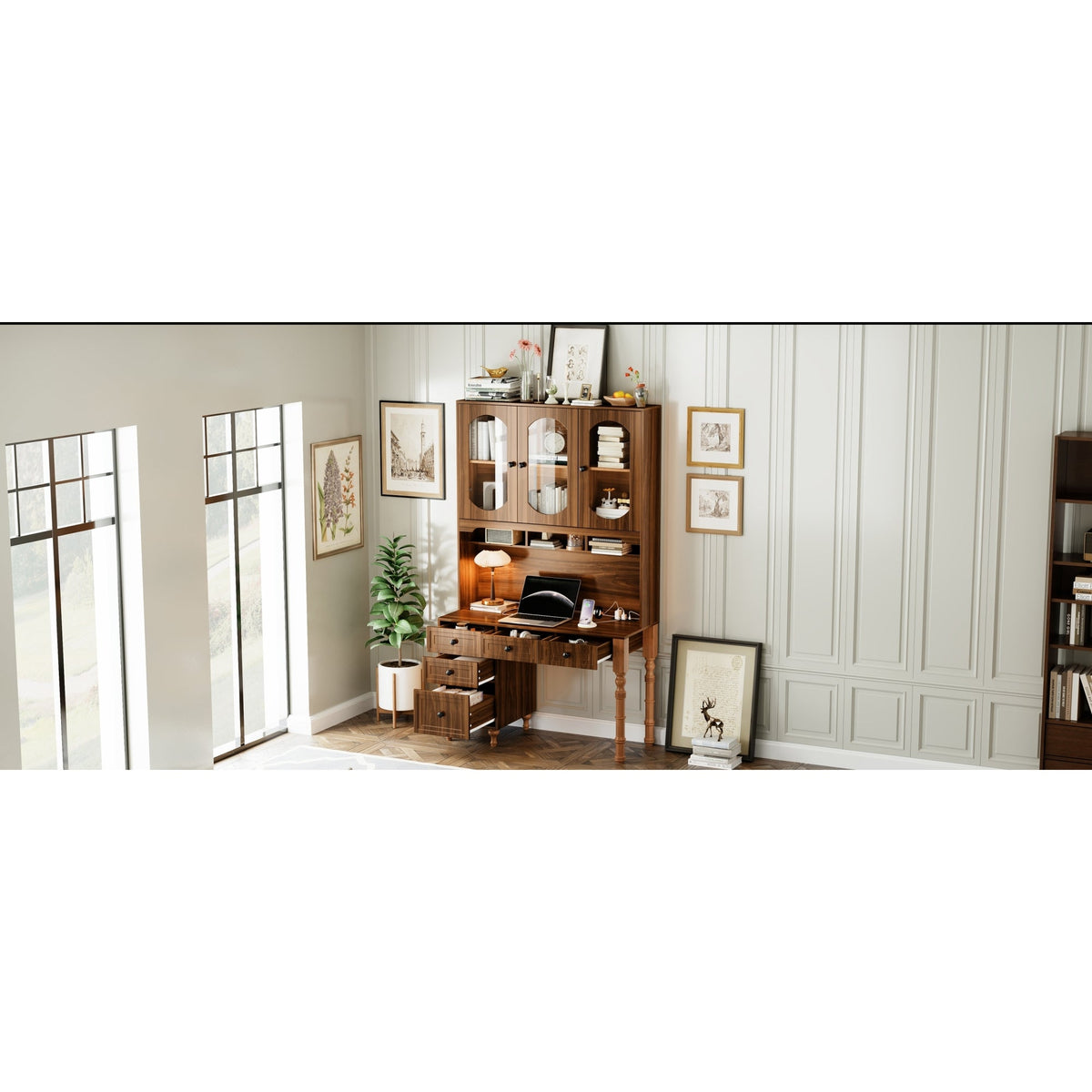 Roomfitters 47'' Retro Desk with Charging Ports and Hutch, Office Desk with 5 Storage Drawers and Glass Bookshelf, Walnut
