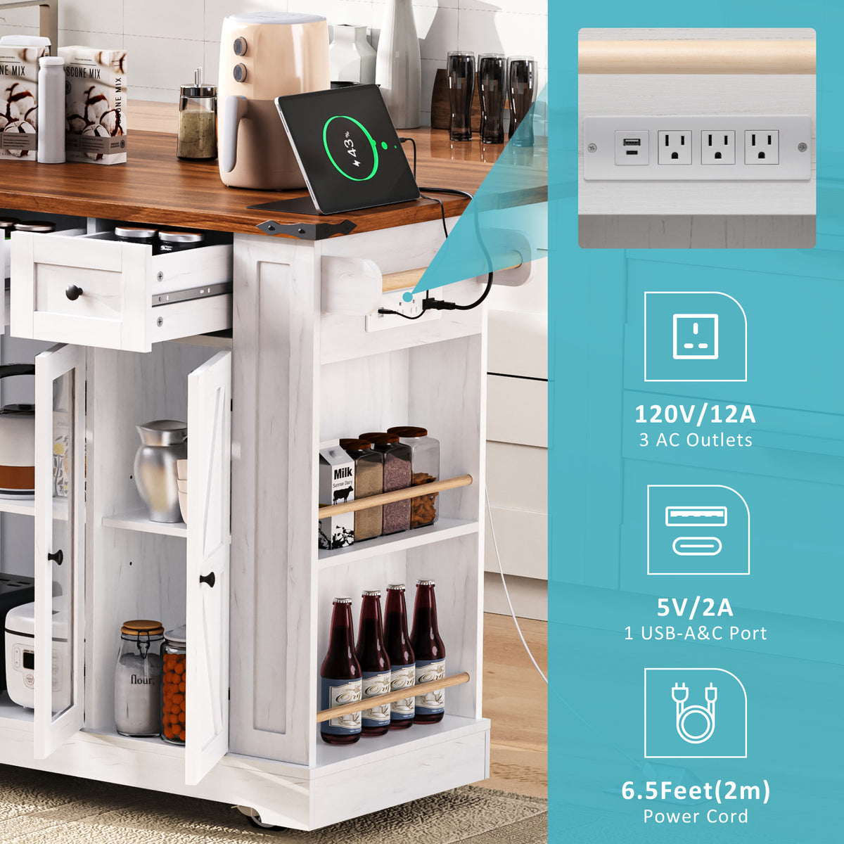 variant-group:rf-n707p263637w|Roomfitters 53" Rolling Kitchen Island with Drop Leaf, Mobile Cart with Glass Doors, 5 Side Shelves & Power Outlets, White