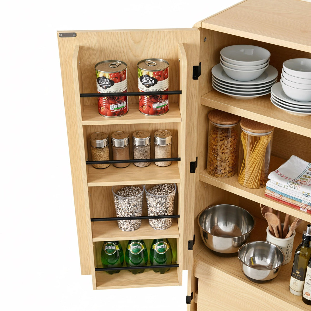 variant-group:rf-n707s000021y|Roomfitters 72" Tall Farmhouse Kitchen Pantry Cabinet with Curved Profile & 8 Door Shelves, Natural Oak