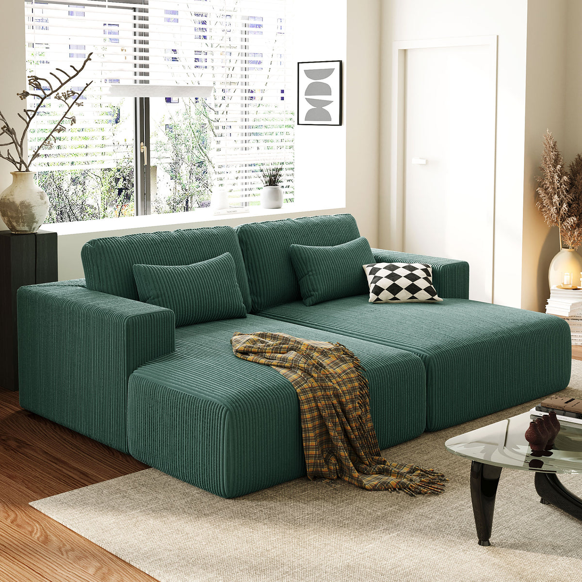 variant-group:rf-n711wy000449aac|Roomfitters Corduroy Double Sofa Bed with Pillows, Modern Convertible Couch for Living Room, Apartment, Green