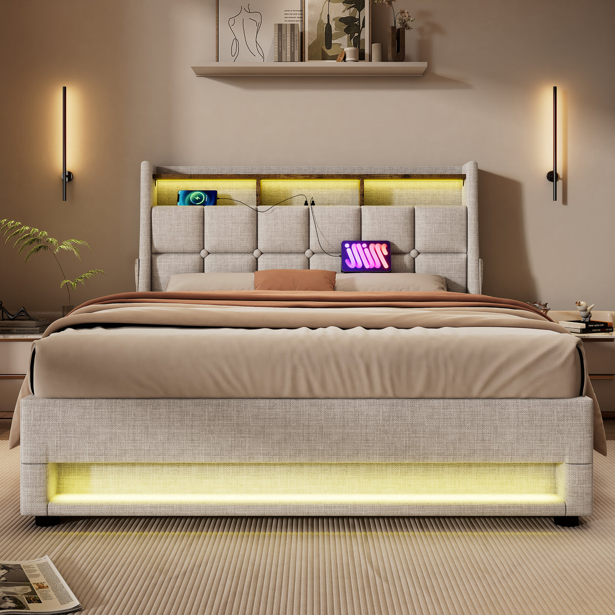variant-group:rf-n736aa20690910b|Roomfitters Queen Size Upholstered Platform Bed with Storage System, USB Charging Ports, Natural