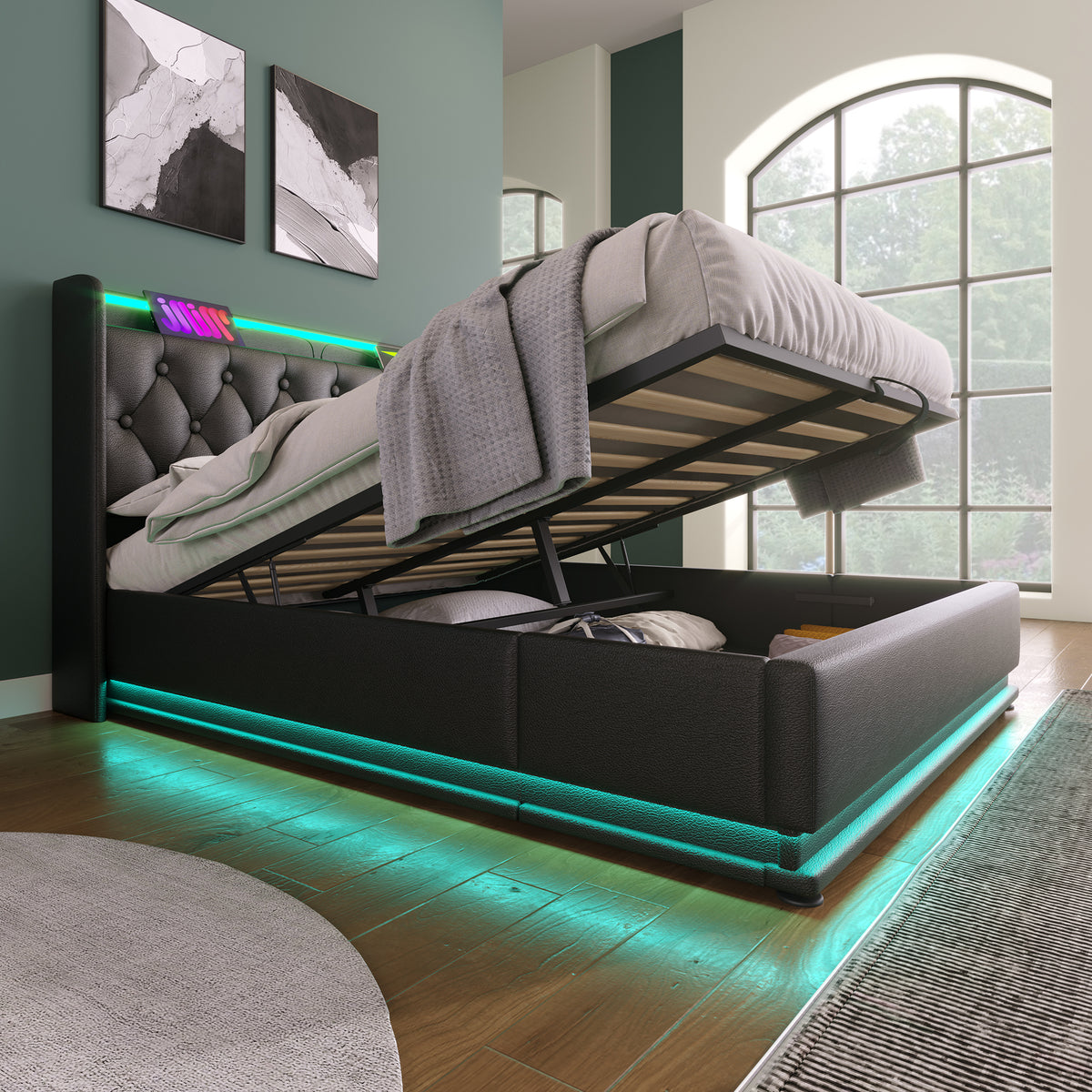 variant-group:rf-n736p188806b|Roomfitters Full Size Upholstered Storage Bed with USB Type-C Charging and Remote Control, Faux Leather Black