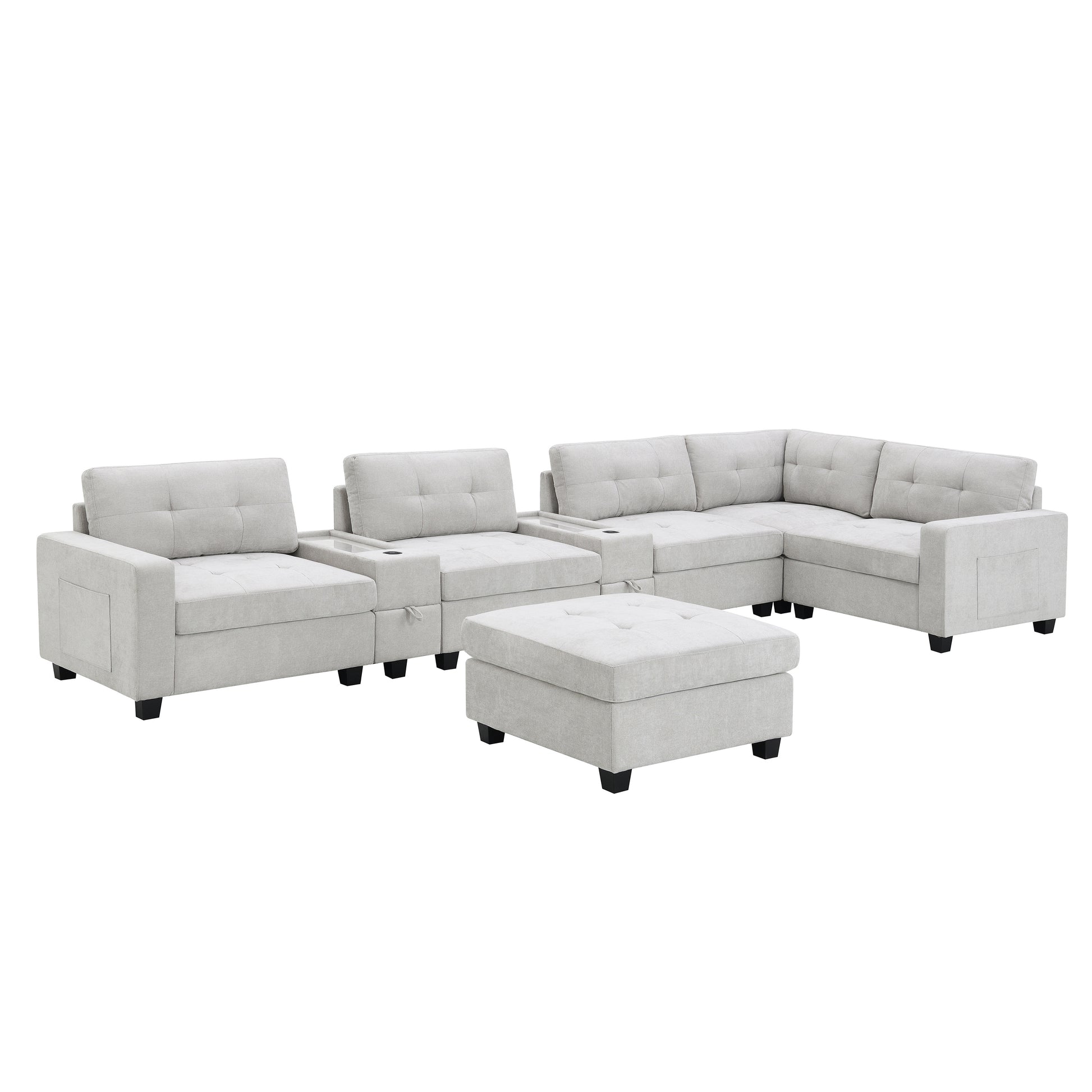variant-group:rf-n723s1191k|Roomfitters 104 Inch Modular Sectional Sofa with Console and Cup Holders, Upholstered L-Shape Couch for Home Decor, Light Gray