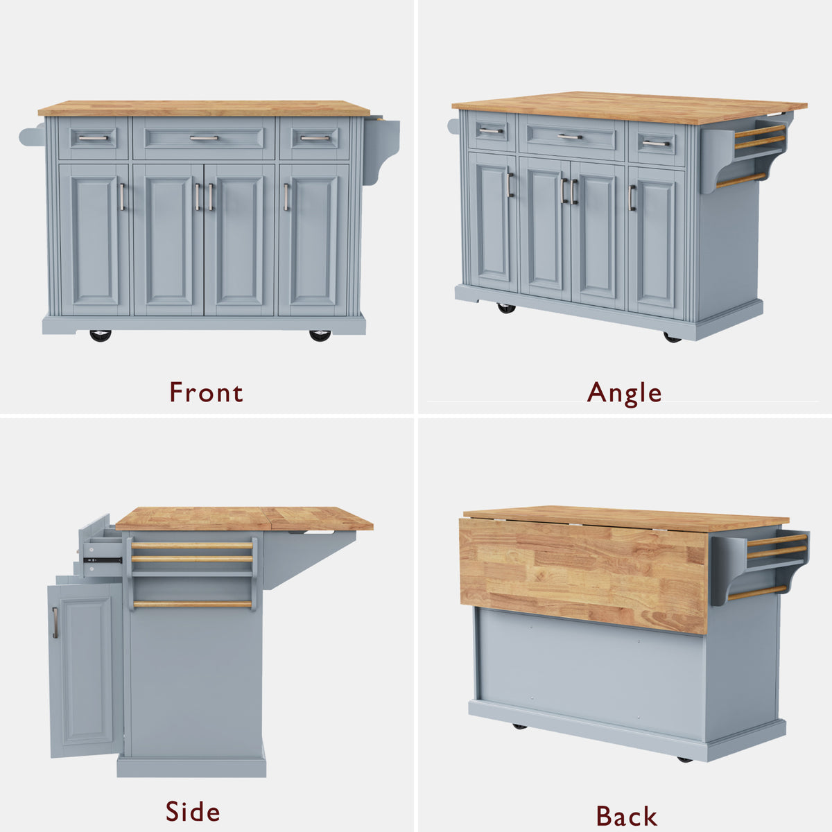 variant-group:rf-n707s195395g|Roomfitters 54" Kitchen Island with Wood Top, Rolling Storage Cabinet with 3 Drawers and 3 Doors, Spice Rack, Grey+Blue