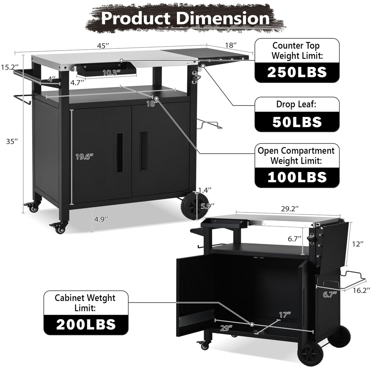 Roomfitters Grill Cart with Stainless Steel Top, Outdoor Kitchen Island, BBQ Prep Station with Trash Bag Holder and Hooks, Black