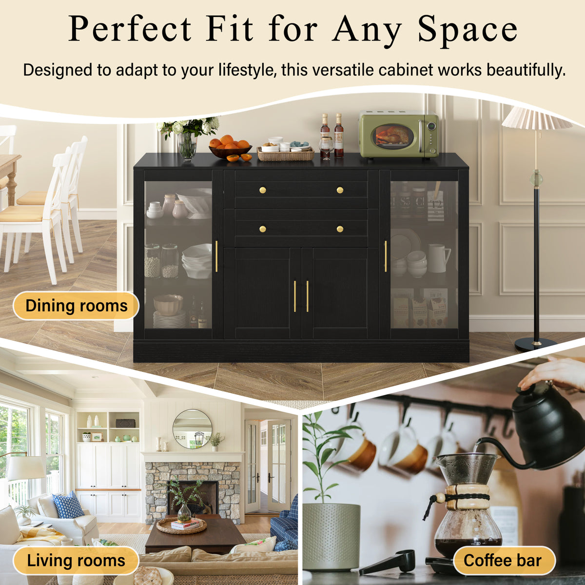 variant-group:rf-n711p437648b|Roomfitters Contemporary Black Melamine MDF Buffet Sideboard Storage Cabinet Acrylic Doors Dining Room Kitchen Console