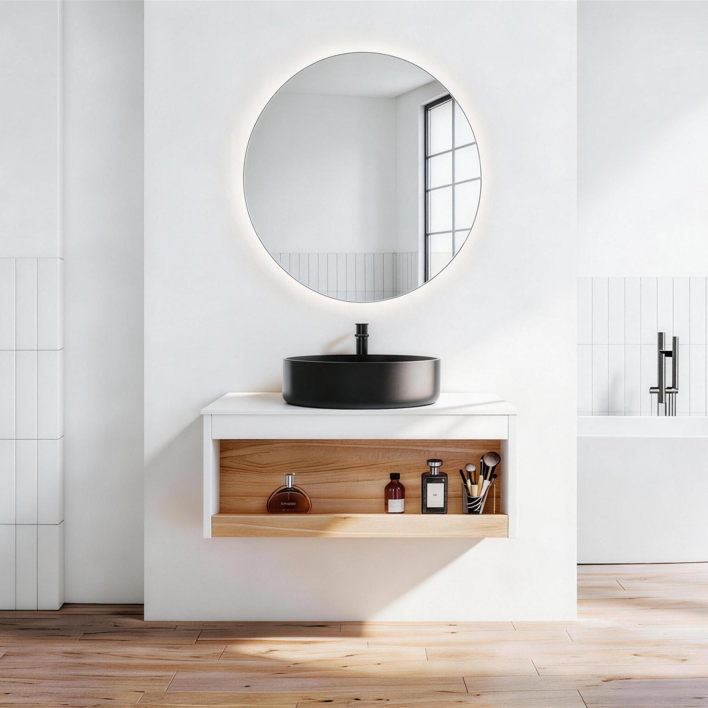 30" Floating Bathroom Vanity with Matte Black Round Vessel Sink, Wall-Mounted Vanity with Open Shelf Storage, White Finish with Durable Countertop, Space-Saving Modern Design (Ships in 2 Boxes)