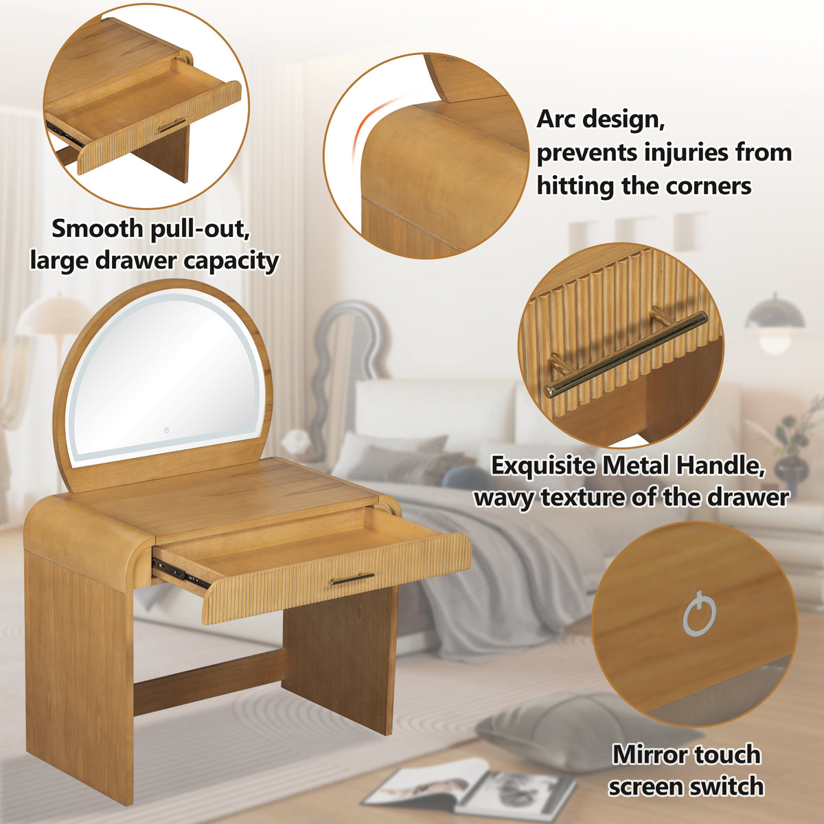 variant-group:rf-n704p196658n|Roomfitters 39-Inch Makeup Vanity Table with Touch Screen Lighted Mirror, Dressing Table with Drawer for Bedroom, Natural