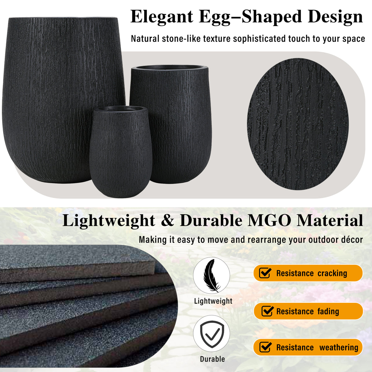 variant-group:rf-n711p406659b|Roomfitters Modern Egg-Shaped MGO Planter Set, 3-Piece Textured Faux Stone Flower Pots, Black Patio Garden Urns