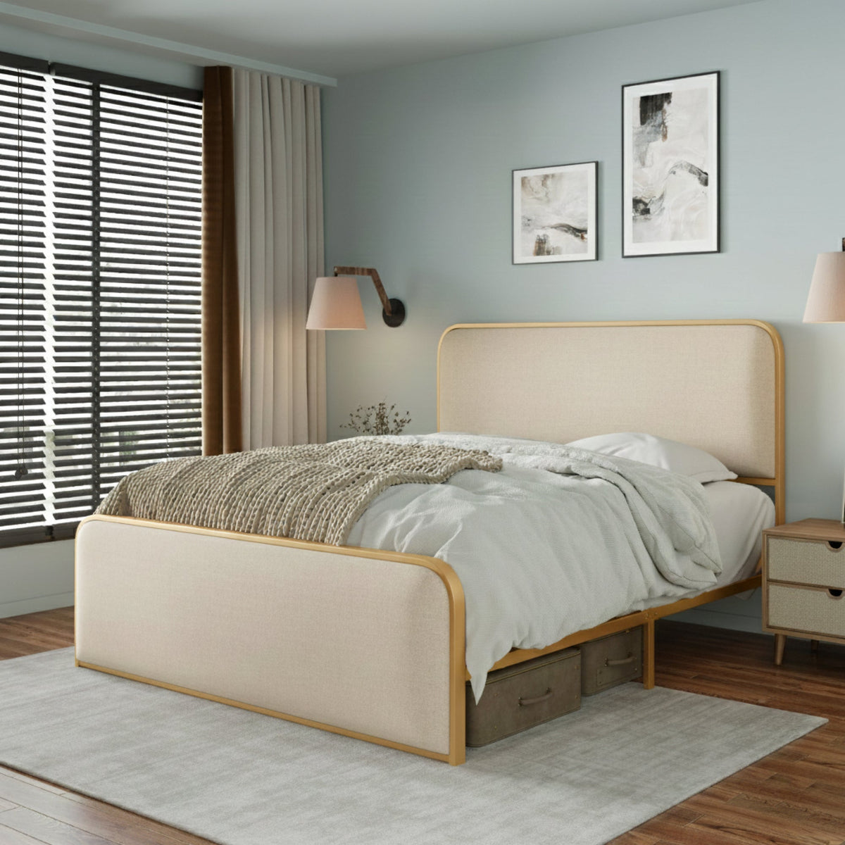 Roomfitters Queen Size Modern Upholstered Platform Bed Frame with Gold Metal Trim, Curved Headboard, No Box Spring, Beige+Gold Roomfitters