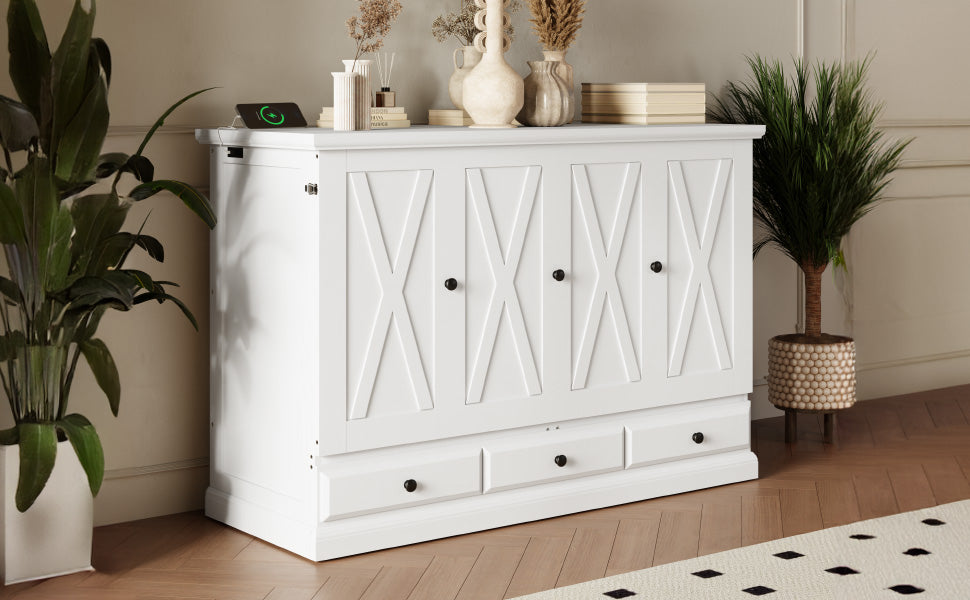variant-group:rf-n701bs701p170501k|Roomfitters Full Size Murphy Bed Cabinet with Charging Station and Storage Drawer, Freestanding Fold Out Guest Bed, White