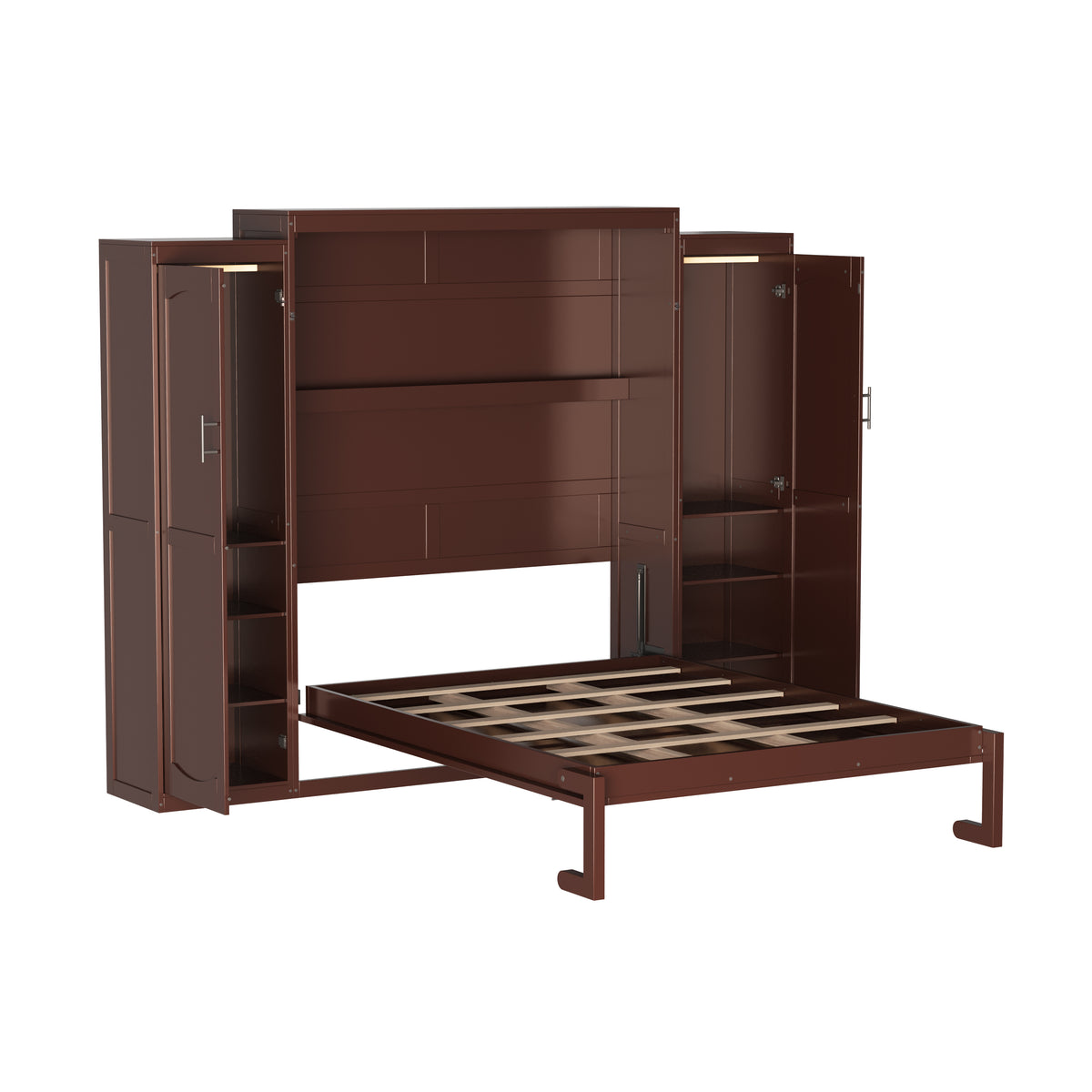 variant-group:rf-n733s235596d|Roomfitters Full Murphy Wall Bed with Two Wardrobes and Storage Shelf, Foldable Platform Bed Frame for Guest Room, Walnut