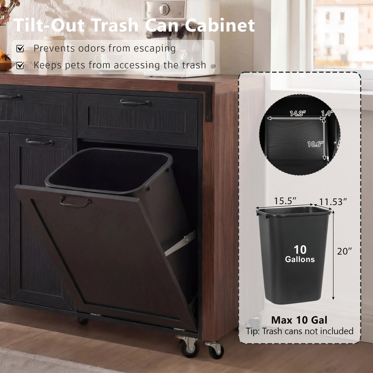 variant-group:rf-n707s000026b|Roomfitters 102.3" Kitchen Island with Tilt Out Trash Can Cabinet, Rolling Storage Cart, Slide-out Spice Rack, Black