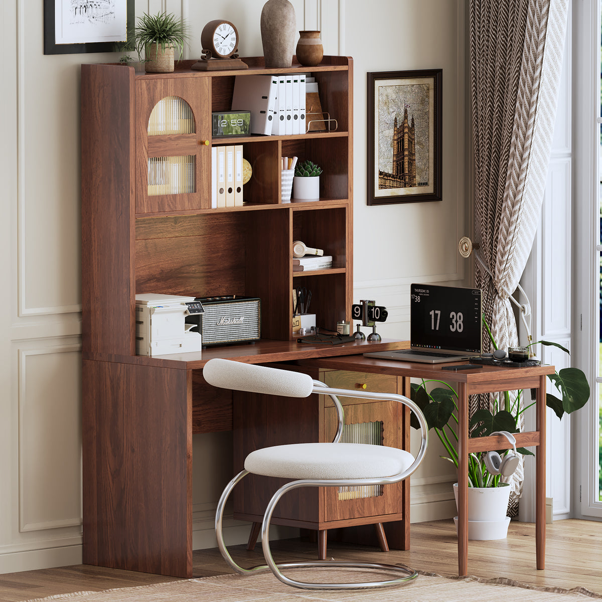 variant-group:rf-n733s363716d|Roomfitters Rotating L-Shaped Computer Desk with Shelves and Storage, 90° Swivel Office Writing Desk, Walnut