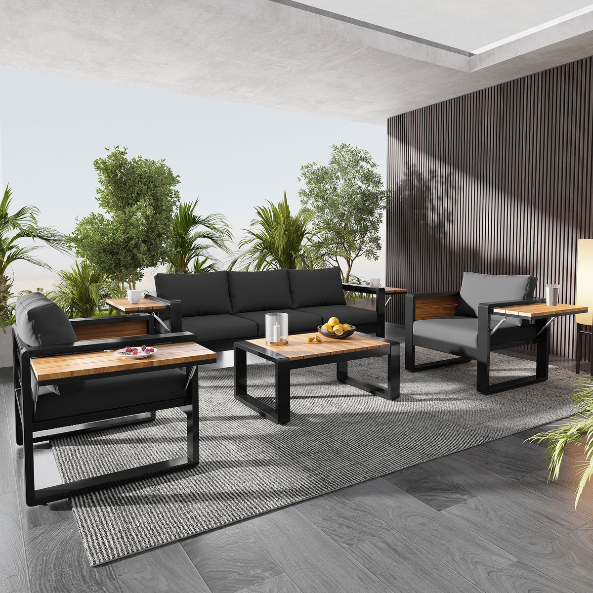 variant-group:rf-n704g201257e|Roomfitters 4-Piece Aluminum Patio Conversation Set with Four Fold-Out Side Trays and Slatted Coffee Table Gray