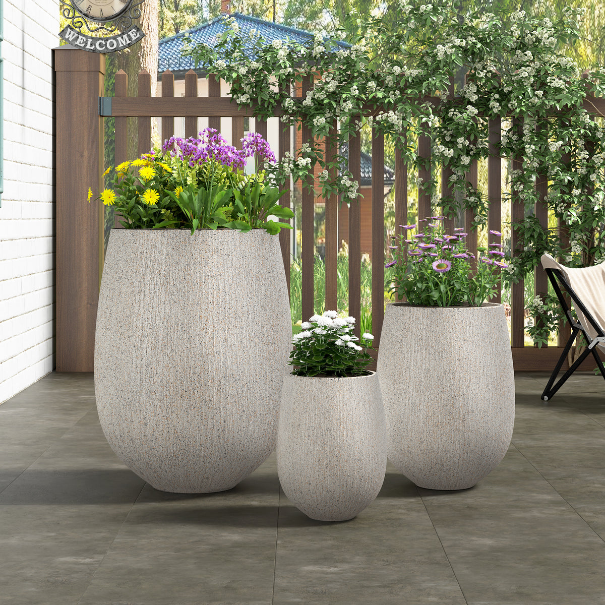 variant-group:rf-n711p406659e|Roomfitters Modern Egg-Shaped MGO Planter Set, 3-Piece Textured Faux Stone Flower Pots, Grey Patio Garden Urns