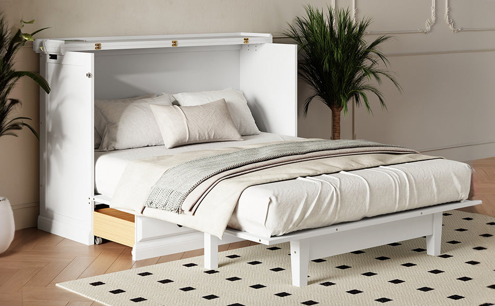 variant-group:rf-n701bs701p170501k|Roomfitters Full Size Murphy Bed Cabinet with Charging Station and Storage Drawer, Freestanding Fold Out Guest Bed, White