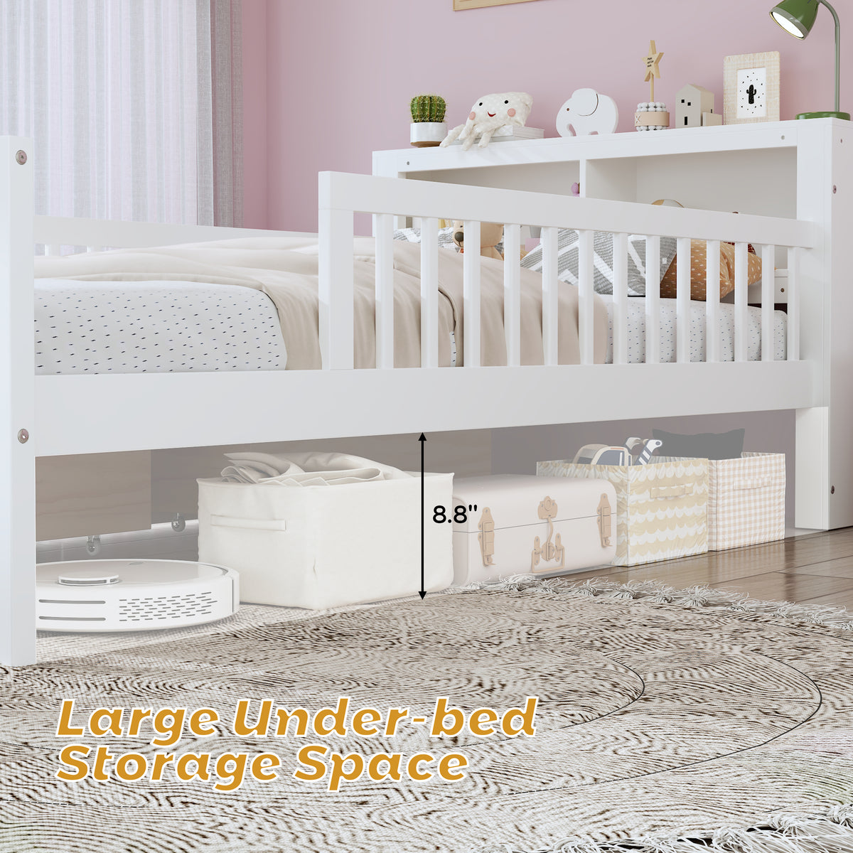 variant-group:rf-n733p272374k|Roomfitters Twin Bed with Headboard Storage Rack, Under-Bed Storage and Three-Side Guardrails, White