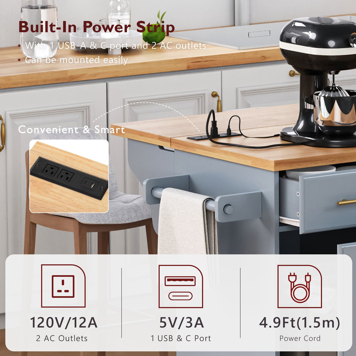 variant-group:rf-n707s299014g|Roomfitters 59.3" Kitchen Island with Power Outlet, Drop Leaf and Double Trash Can Pull Out, Rolling Cart, Grey+Blue