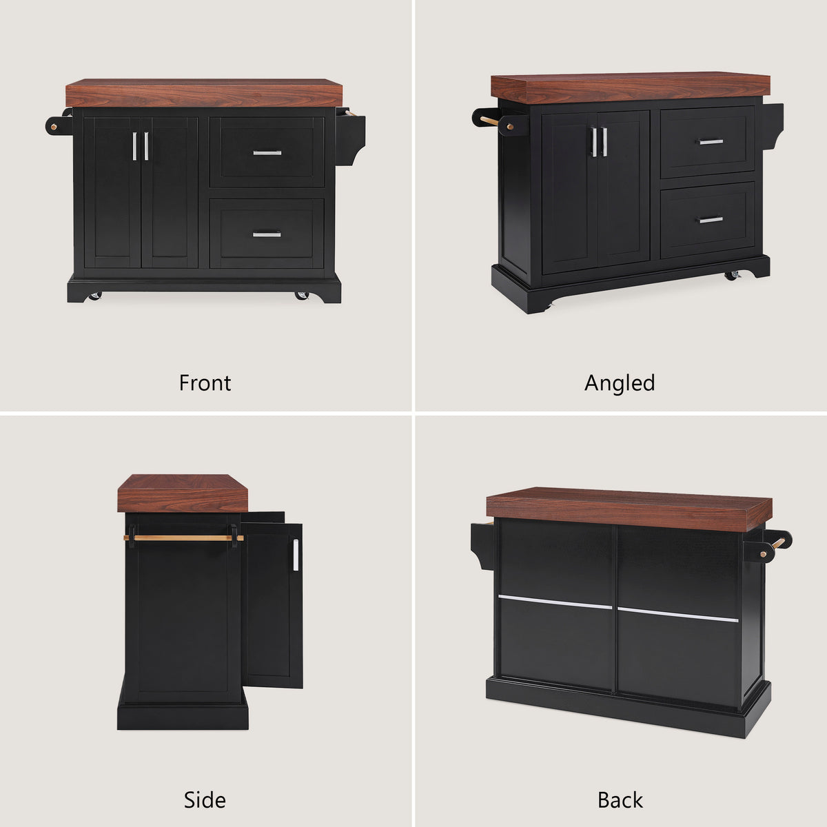 variant-group:rf-n707s000025b|Roomfitters 53" Kitchen Island with Butcher Block Top, Storage Cabinet with Drawers, Spice Rack and Towel Holder, Black