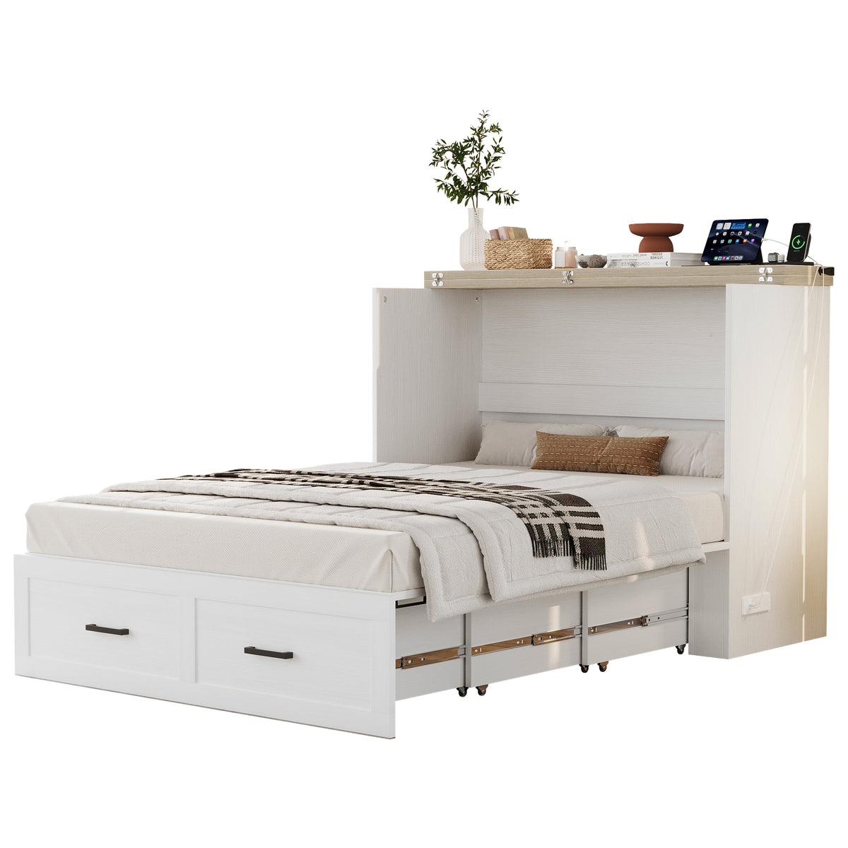 variant-group:rf-n733s237853w|Roomfitters Full Size Farmhouse Murphy Cabinet Bed with Charging Station, Foldable Platform Bed with Large Storage for Guest Room, Small Bedroom, White