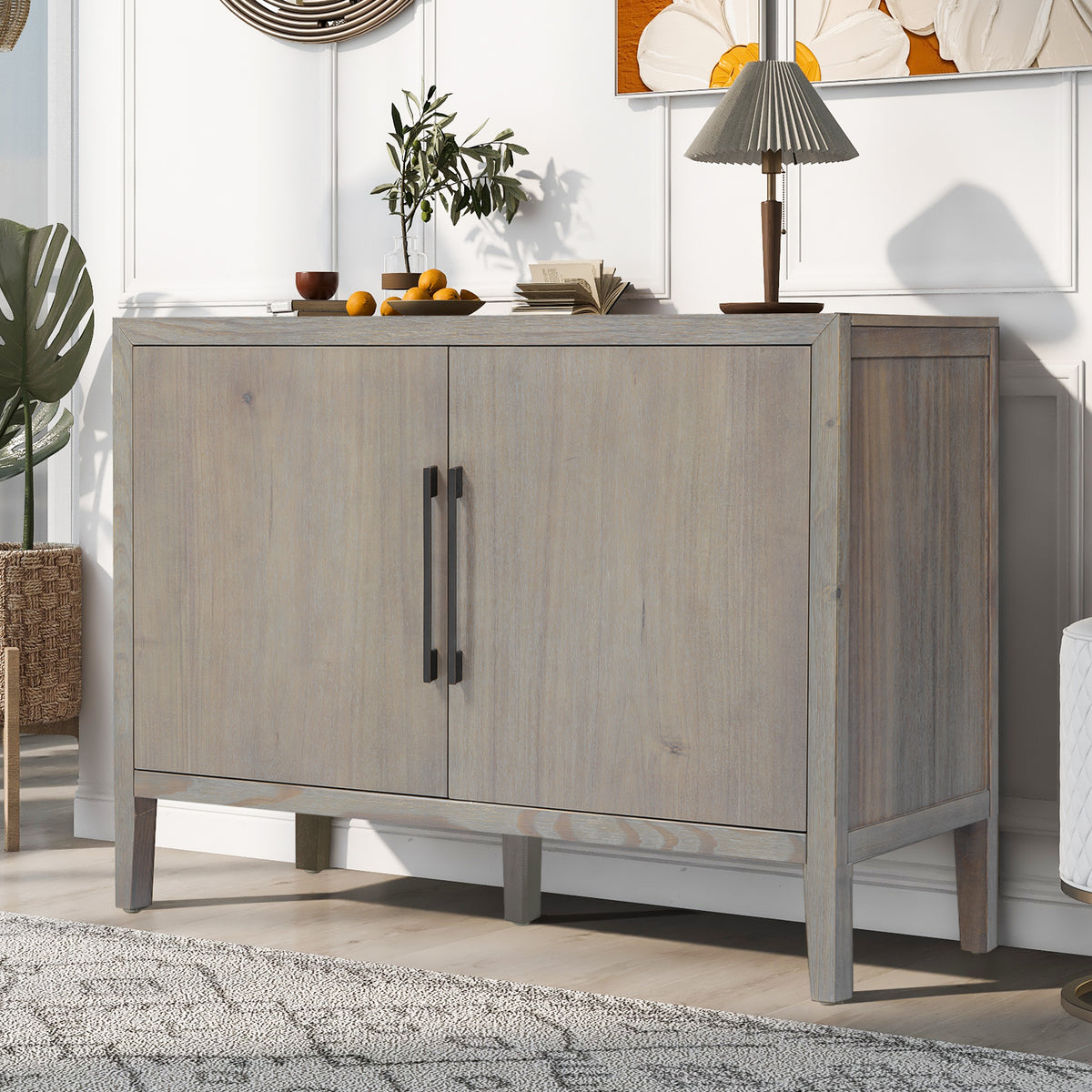 variant-group:rf-n711p410389e|Roomfitters 47.25-Inch Farmhouse Sideboard, 2-Door Buffet Cabinet, Grey Wooden Storage Console, Metal Handles