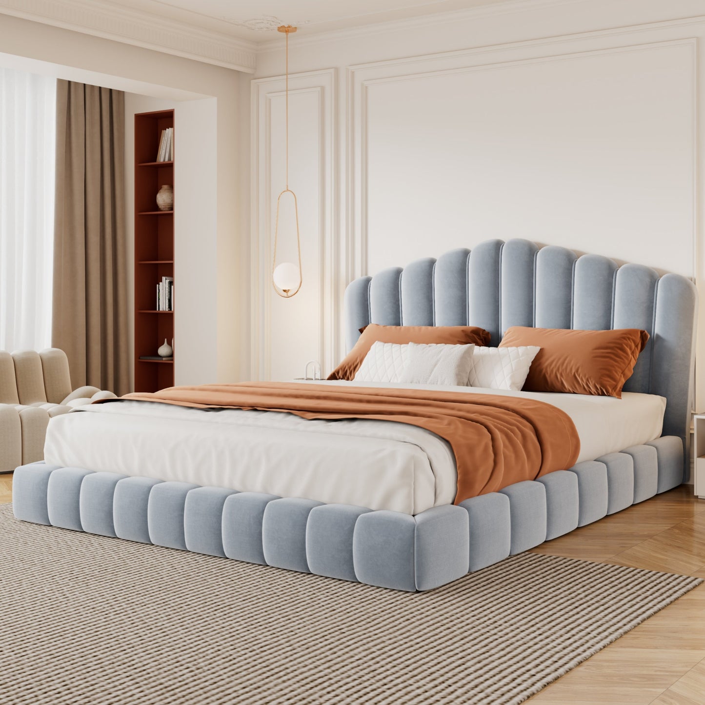 Roomfitters Queen Size Shell-Shaped Velvet Upholstered Platform Bed, Channel Tufted Headboard, No Box Spring Needed, Light Blue Roomfitters