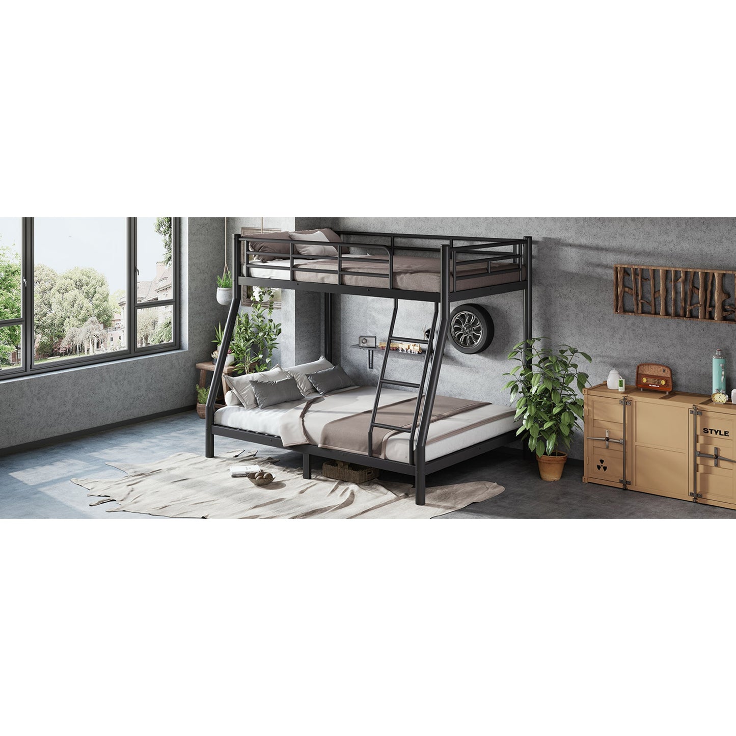 Roomfitters Twin over Full Bunk Bed Frame for Teens Adults, Heavy Duty Metal Round Tube Noise Free No Box Spring, Black