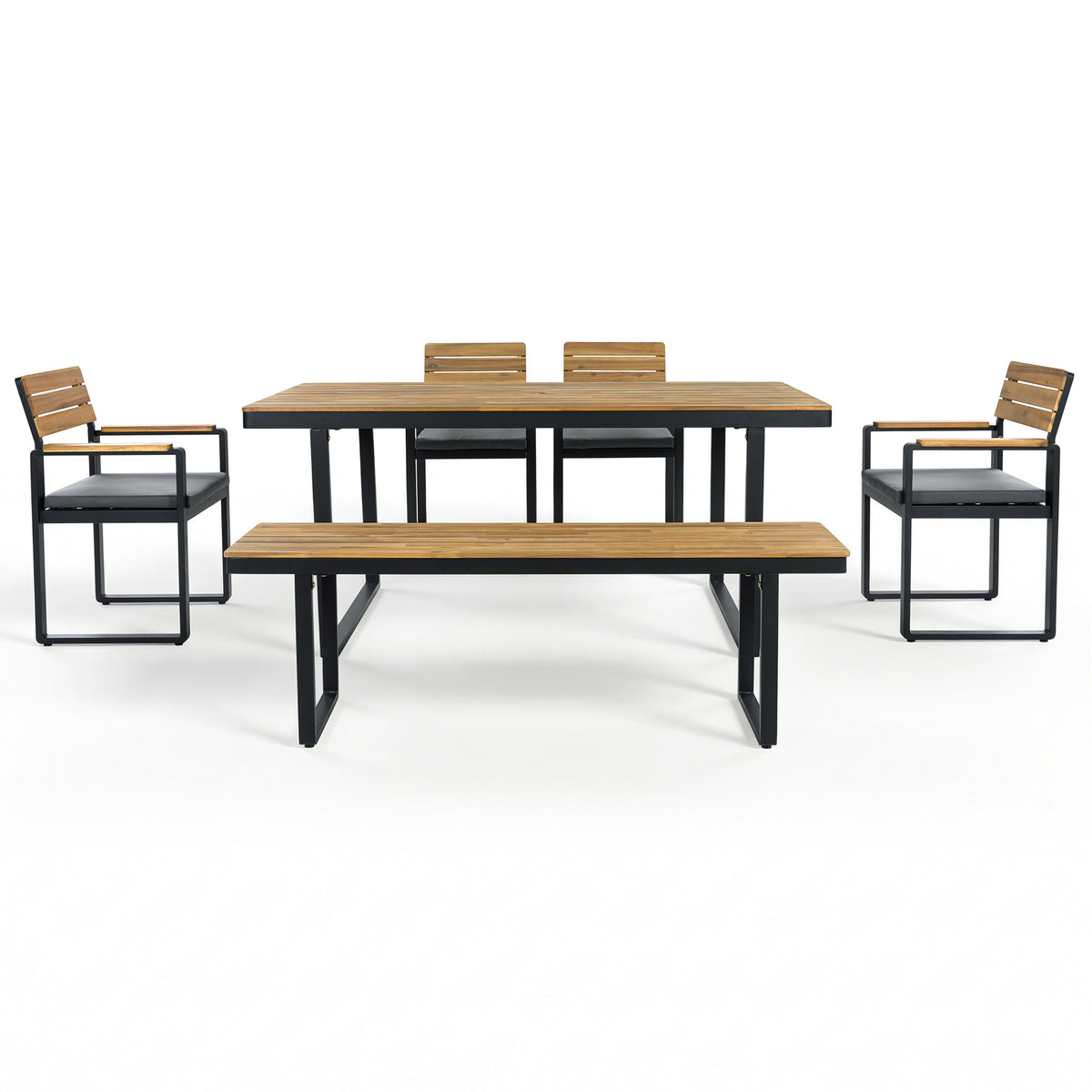 variant-group:rf-n704g201255e|Roomfitters 6-Piece Solid Acacia Wood Patio Dining Set with Steel Frames and Cushion Chairs Gray